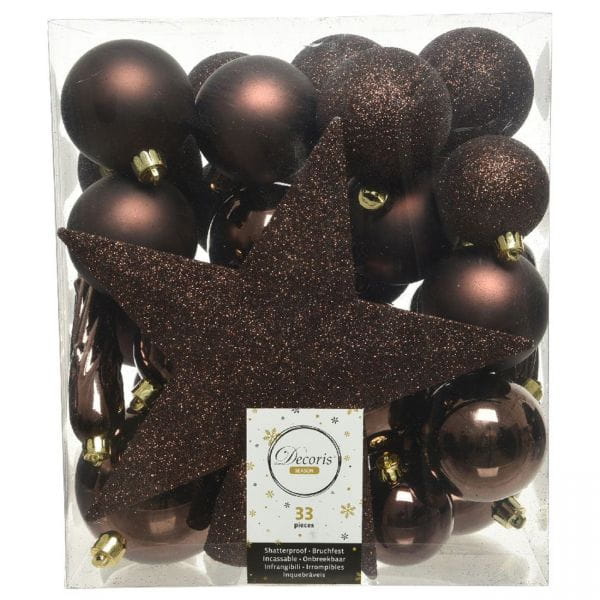 33 Christbaumkugeln Kunststoff Braun Spitze Stern Weihnachtskugeln
