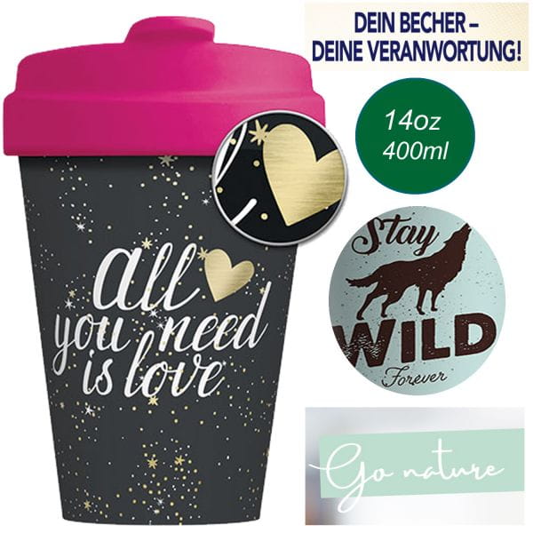 ChicMic Coffee to Go Cup 400ml You need Love Pink Bambus Trink-Becher