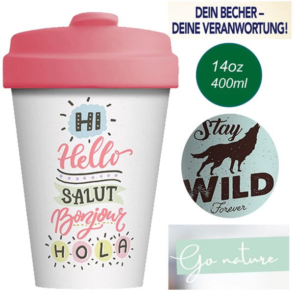ChicMic Coffee to Go Cup 400ml Salut Bonjour Rosa Bambus Trink-Becher